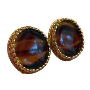 Vintage Kramer clip on earrings gold tone rounds & tortoise shell glass centers